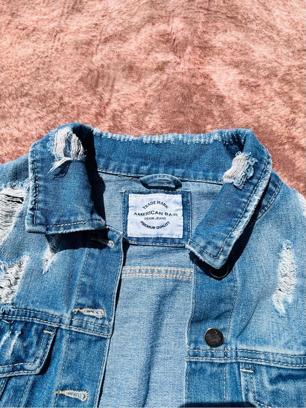 American Bazi Light Blue Distressed Denim Jacket with Hollywood Graphic - Picture 2 of 5